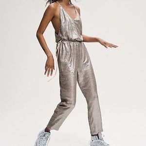 Free People Gold Sequin Drawstring Waist Jumpsuit